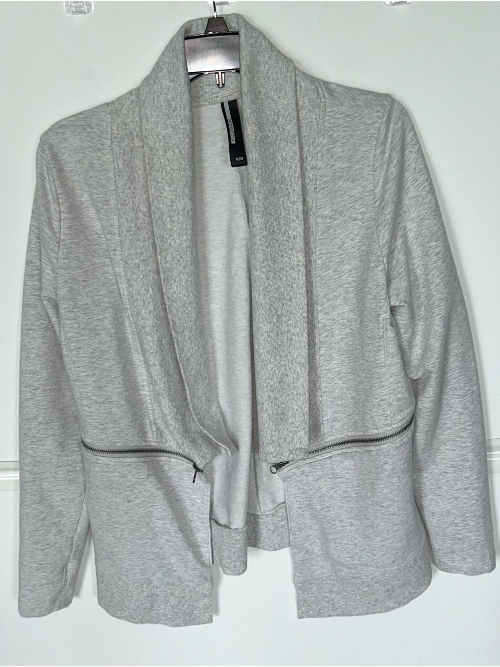 Mondetta Woman’s Light Gray Fleece Cardigan with zipper accents in the sides. M